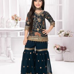 Tiny Kingdom Georgette Three Fourth Sleeves Floral Embroidered Sequins Embellished Kurta Gharara With Dupatta Set - Blue-picture-10