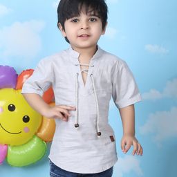 Polka Tots Cotton Half Sleeves Solid Kurta - Grey-image-100