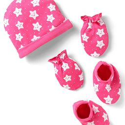 Babyhug 100% Cotton Knit Cap Mittens & Booties With Star & Polka Dot Print - Dark Pink-picture-12