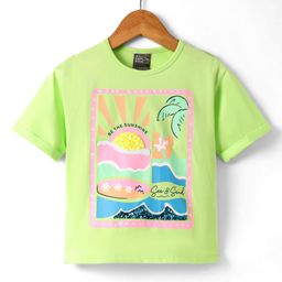 Little Kangaroos Cotton Knit Half Sleeves Top With Good Times Text Print - Limegreen-image-16