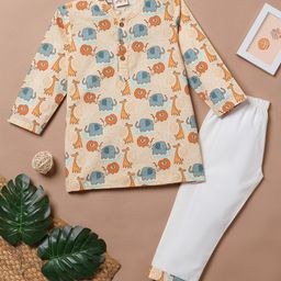 Desi Soota Cotton Full Sleeves Baby Animals Printed Kurta Pyjama Set - Yellow-image-93