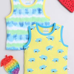 BUMZEE Cotton Knit Sleeveless Vests With Rhino Print Pack Of 2 - Yellow & Sky Blue-picture-29