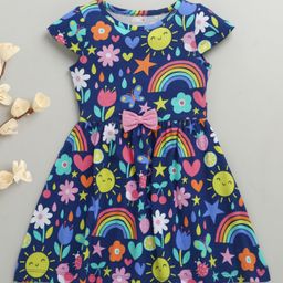BUMZEE Cotton Knit Cap Sleeves Floral Printed Dress With Bow Applique - Navy Blue-picture-13