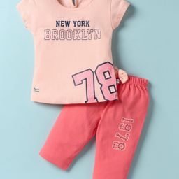 Mini Donuts Single Jersey Knit Half Sleeves Top & Lounge Pant Set with Text Print - Coral-picture-1