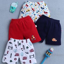 BUMZEE Cotton Knit Above Knee Length Vehicle Printed Shorts Pack of 4 - Red Navy Blue & White-picture-33