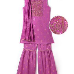 EARTHY TOUCH Cambric Woven Sleeveless Kurta Gharara Set with Dupatta Embroidery & Sequin Detailing - Purple-image-91