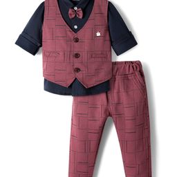 Mini Taurus Sinker Knit Full Sleeves Printed 3 Piece Party Suit With Bow Applique - Rose Gold-picture-11