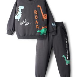 Bonfino 100% Cotton Knit Fleece Full Sleeves Sweatshirt & Jogger Set With Dino Print - Dark Grey-image-110