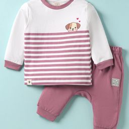 Ollypop Interlock Knit Full Sleeves T-Shirt & Diaper Pant Set With Dog Print - White & Pink-image-22