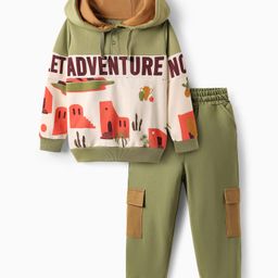 OLLINGTON ST. Cotton Looper Knit Full Sleeves Hooded Sweatshirt & Joggers Set With Text Print - Olive Green-image-8