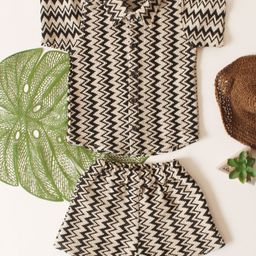 Qvink Cotton Knit Half Sleeves Chevron Designed Coordinating Shirt & Shorts Set - Black-image-77