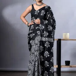 HERE&NOW Black And White Floral Pure Cotton Block Print Saree-picture-42