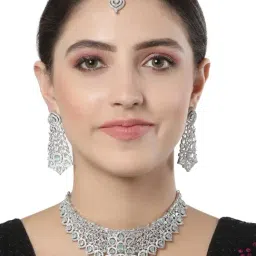 Karatcart Silver Tone Lime Green American Diamond Choker Necklace Set for Women-image-14