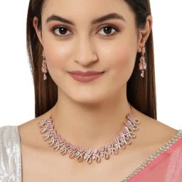 Karatcart Pink American Diamond Choker Necklace Set-image-16