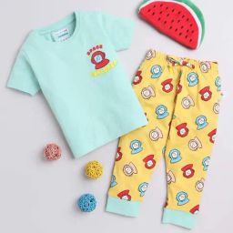 Bumzee Kids Mint Green & Yellow Cotton Printed T-Shirt Set-image-98