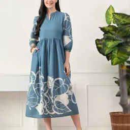 DECKEDUP Blue Cotton Printed A-Line Dress-picture-22
