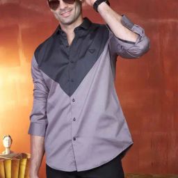 Almaty Dark Grey Cotton Slim Fit Colour Block Shirt-image-83