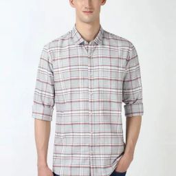 Peter England Grey Cotton Slim Fit Checks Shirt-image-60