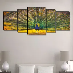SAF Green & Blue 5 Pieces Dancing Peacock Birds And Animals Wooden Wall Arts-9