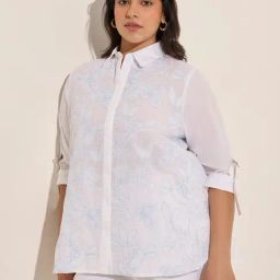 Gia by Westside White Floral Embroidered High-Low Cotton Shirt-image-86