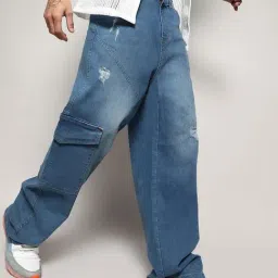 Campus Sutra Light Blue Regular Fit Distressed Cargo Jeans-image-26