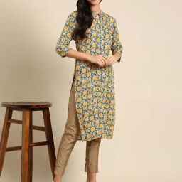 SHOWOFF Teal Green Floral Print Straight Kurta-image-51