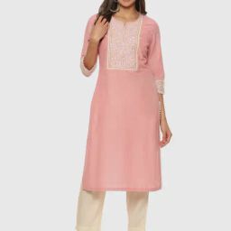 Biba Pink Cotton Embroidered Straight Kurta-image-88