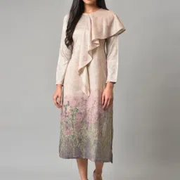 W Beige Floral Print Assymetric Dress-image-73