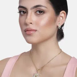 Estele Gold-Plated Pink & White CZ Daisy Flower Pendant Set for Women-16