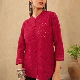 Soch Womens Red Schiffli Embroidery Mandarin Collar Cotton Tunic-picture-36