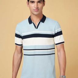 Byford by Pantaloons Light Blue Slim Fit Striped Polo T-Shirt-34