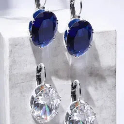 OOMPH Silver Tone Large Oval Blue and White Cubic Zirconia Drop Earrings Pack of 2-image-14