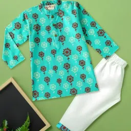 Desi Soota Kids Teal Cotton Printed Kurta Pants Set-picture-29