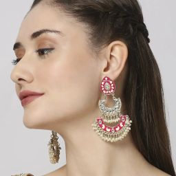 Oomph Rani Pink Meenakari Enamel Kundan Ethnic Large Chand Bali Earrings image 2