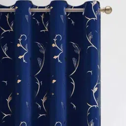 Urban Space Gold Leaf Navy Blue Polyester Black Out Long Door Curtain-22