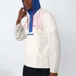 Reebok White & Blue Regular Fit Colour Block Sports Hoodie image 3