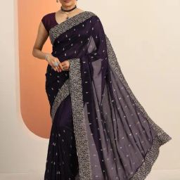 Libas Purple Embroidered Saree With Unstitched Blouse-picture-6