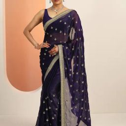 Libas Purple Embroidered Saree With Unstitched Blouse-picture-5