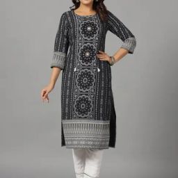 Juniper Black Ethnic Motif Printed Rayon Slub Kurta With Beads & Sequins Work-picture-14
