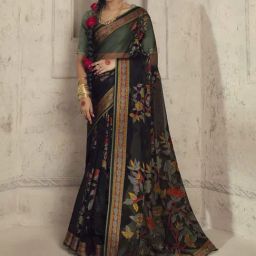 Elora Black Silk Floral Print Saree With Unstitched Blouse-image-51