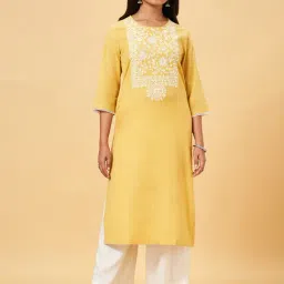 Rangmanch by Pantaloons Yellow Cotton Embroidered Straight Kurta-picture-26