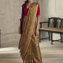 Elora Mehendi Green Silk Floral Print Saree With Unstitched Blouse-image-54
