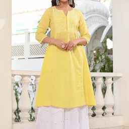 Indi Inside Pale Yellow Cotton Embroidered A Line Kurta-image-69