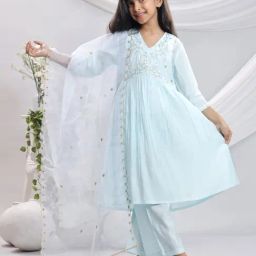 Misbis Girls Sky Blue Comfort Fit Embroidered Kurta Set-image-54