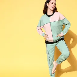 ANWAIND Mauve & Olive Green Colourblocked Pure Cotton Top With Joggers-image-12