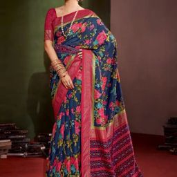 Saree Mall Navy Floral Print Saree With Unstitched Blouse-picture-4