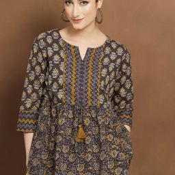 Melange Brown Cotton Regular Fit Printed Tunic-29