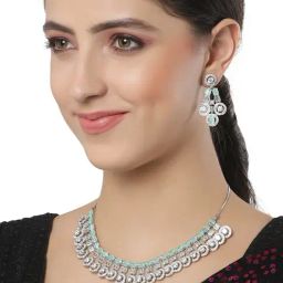Karatcart Silver Tone Lime Green American Diamond Necklace Set for Women-image-12