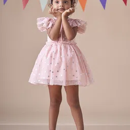 KidsDew Girls Stars Embellished Flutter Sleeves Net Fit & Flare Dress-15