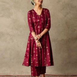 Akiso Plum Parv Block Printed Anarkali Kurta with Hand Embroidery and Piping Details-image-25